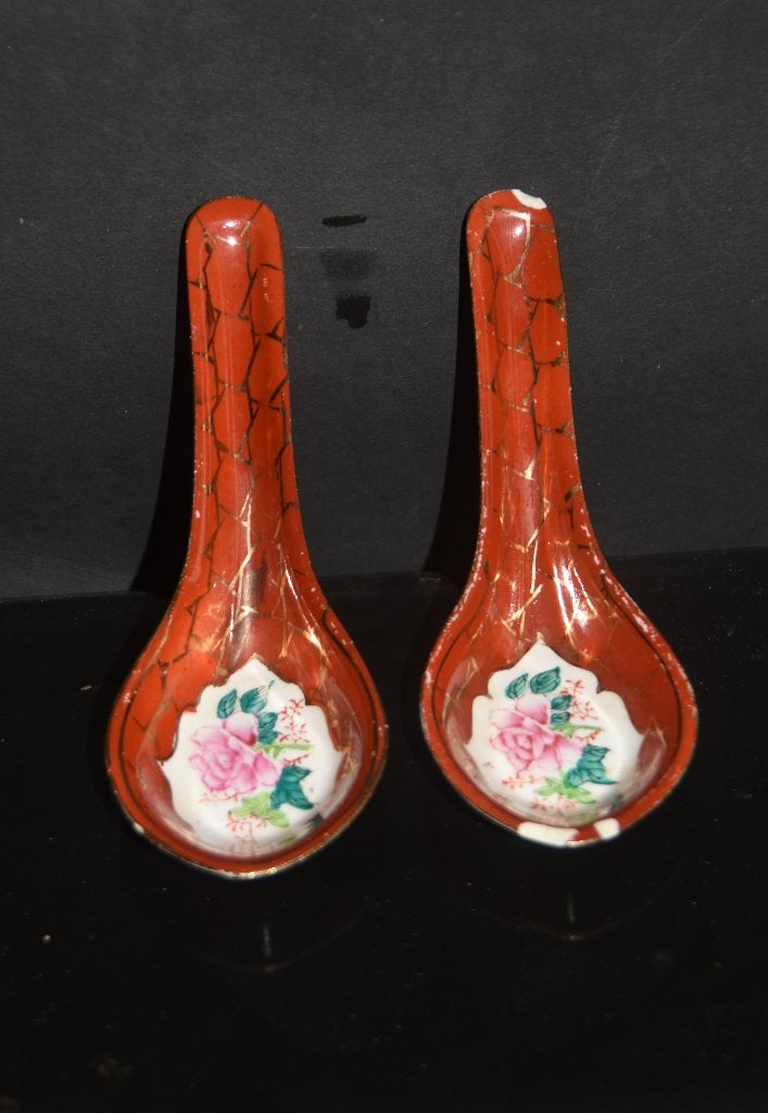 2 Oude Chinese porseleinen lepels soeplepels bloesem decor, Verzenden