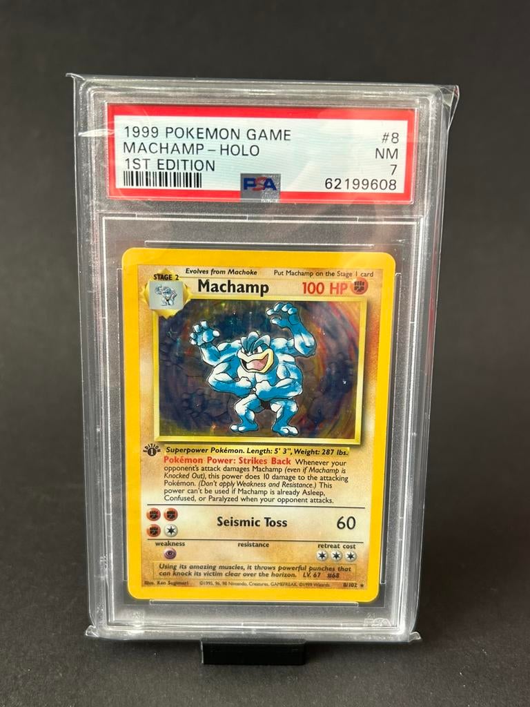 PSA7 1st Edition Engels Base Set Machamp, Hobby en Vrije tijd, Ophalen of Verzenden, Zo goed als nieuw