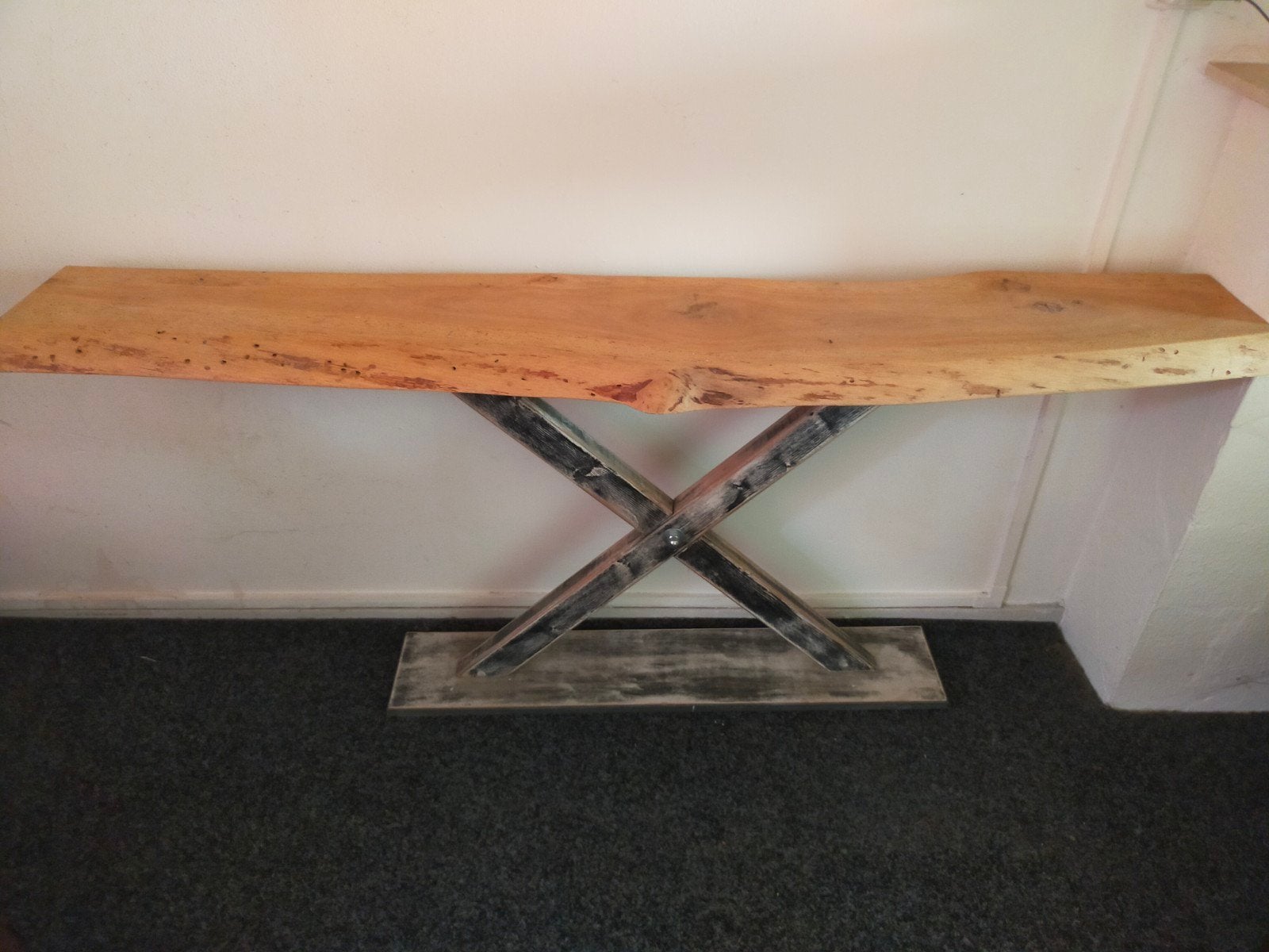Sidetable van massief hout met X-poten - 178x35x77 cm, Zo goed als nieuw, 150 tot 200 cm, Industrieel, Rustiek, Ophalen