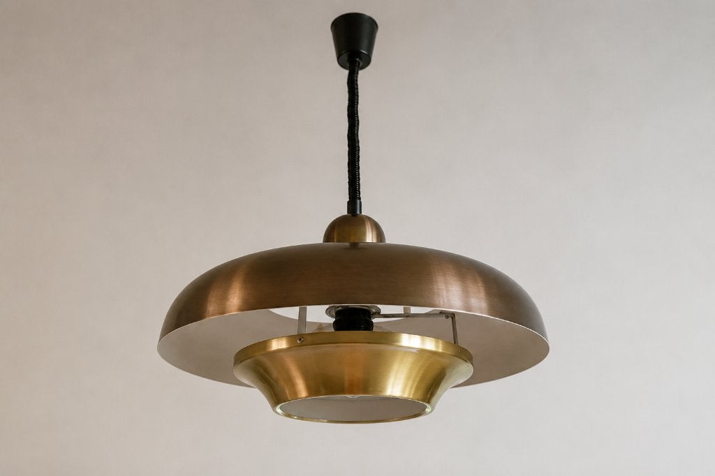 Vintage Space Age hanglamp | UFO design | Messing/Brons, Gebruikt, Ophalen of Verzenden, Minder dan 50 cm, Space age