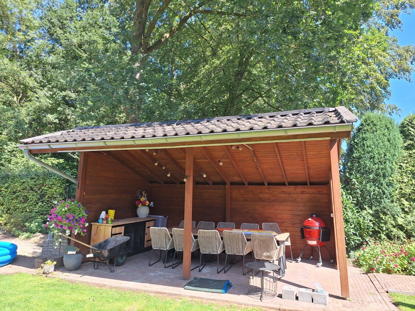 Houten overkapping te koop incl pannen, Ophalen, Gebruikt, Tuinpaviljoen