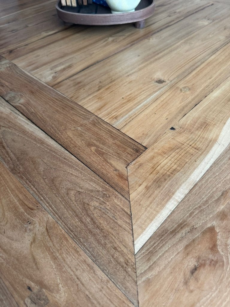 Teakhouten eettafel 150x150, Huis en Inrichting, Tafels | Eettafels, Ophalen, Gebruikt, Vier personen, Industrieel Teak