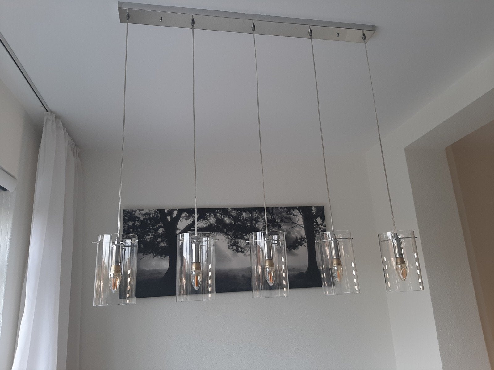 Moderne hanglamp met 5 glazen cilinders, Gebruikt, E14 (klein), Ophalen of Verzenden, Glas