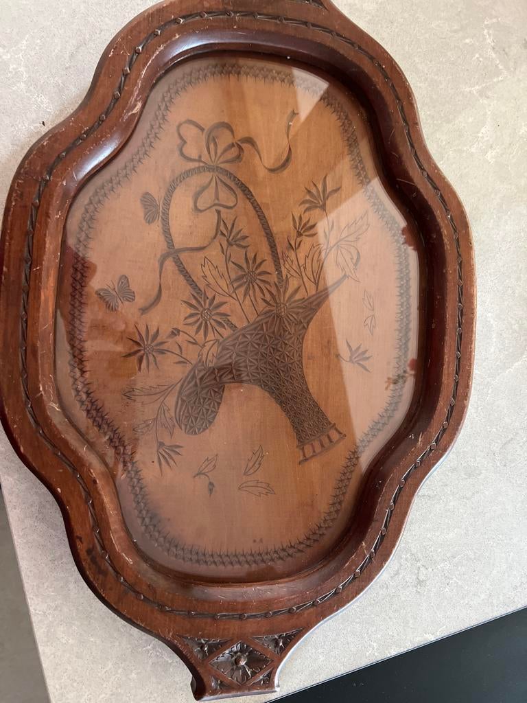 Antiek houten dienblad met bloemenmotief, Ophalen of Verzenden