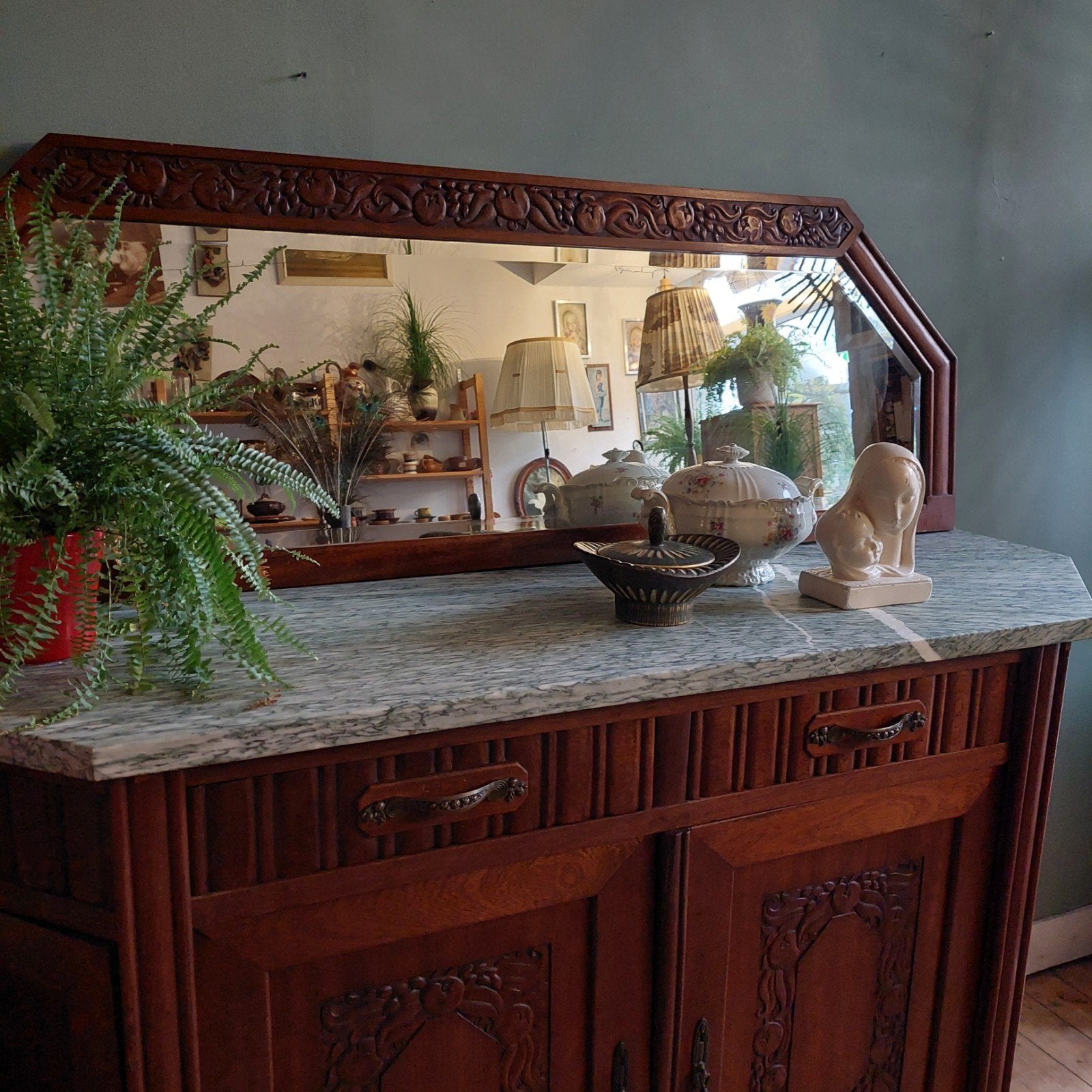 Antiek hoog dressoir XL met marmer bovenblad & Spiegel, Antiek en Kunst, Ophalen of Verzenden