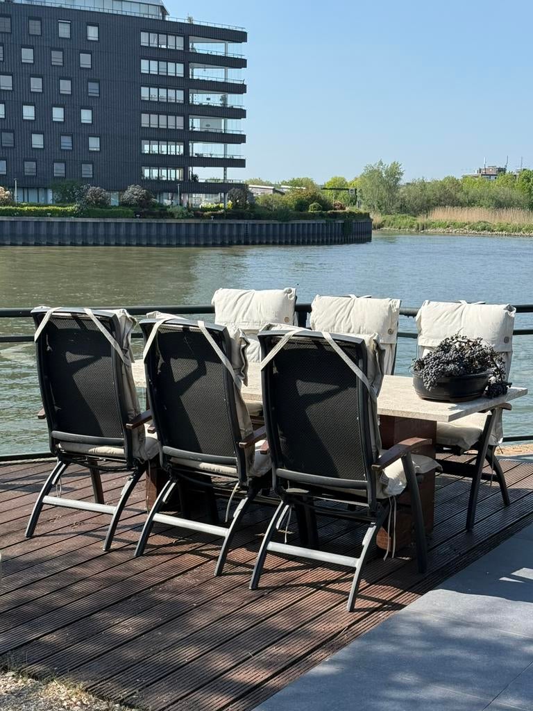 Outdoor graniet hardstenen tafel met onderstel en 6 stoelen, Ophalen of Verzenden, Zo goed als nieuw, Rechthoekig, Overige materialen