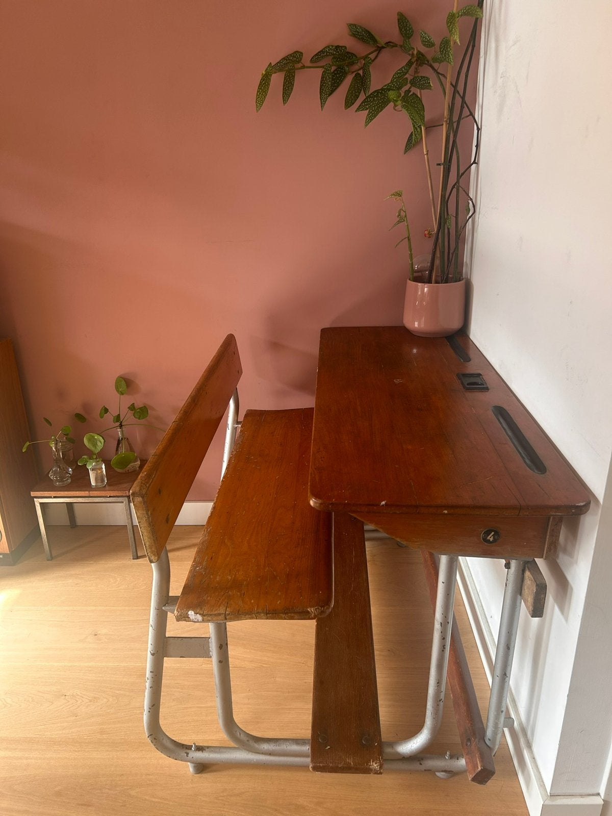 Vintage schoolbankje met stoel - Authentiek en charmant, Huis en Inrichting, Ophalen, Gebruikt