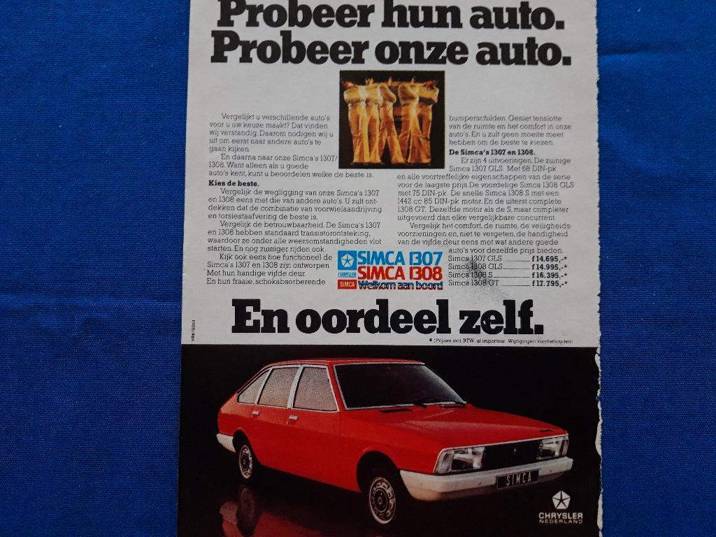 Simca 1307 - 1308 '78 - advertentie uit Readers Digest, Verzamelen, Ophalen of Verzenden, Zo goed als nieuw, Auto's