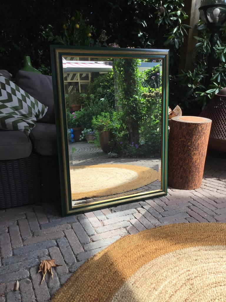 Zeer fraaie spiegel met goud-groene rand, Ophalen, 100 tot 150 cm, Zo goed als nieuw, Rechthoekig