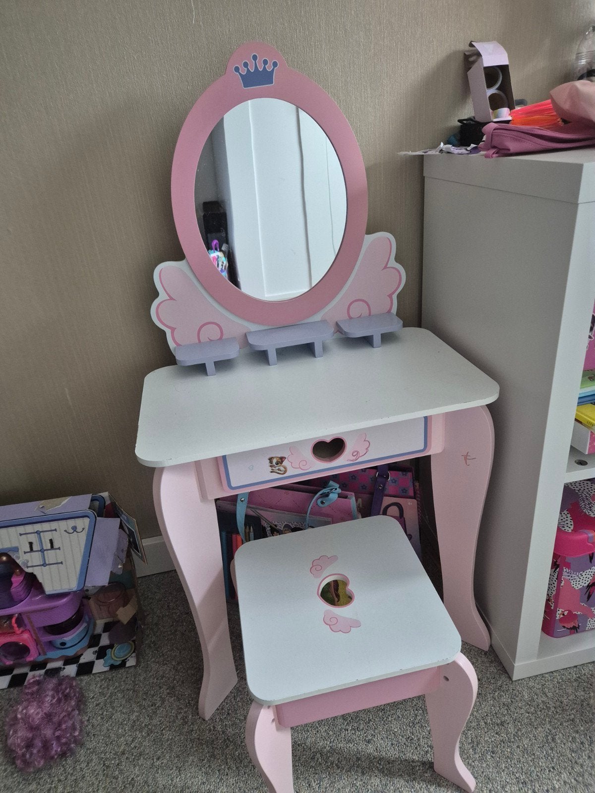Roze kaptafel met spiegel en krukje voor kinderen, Ophalen, Gebruikt, Tafel(s) en Stoel(en)