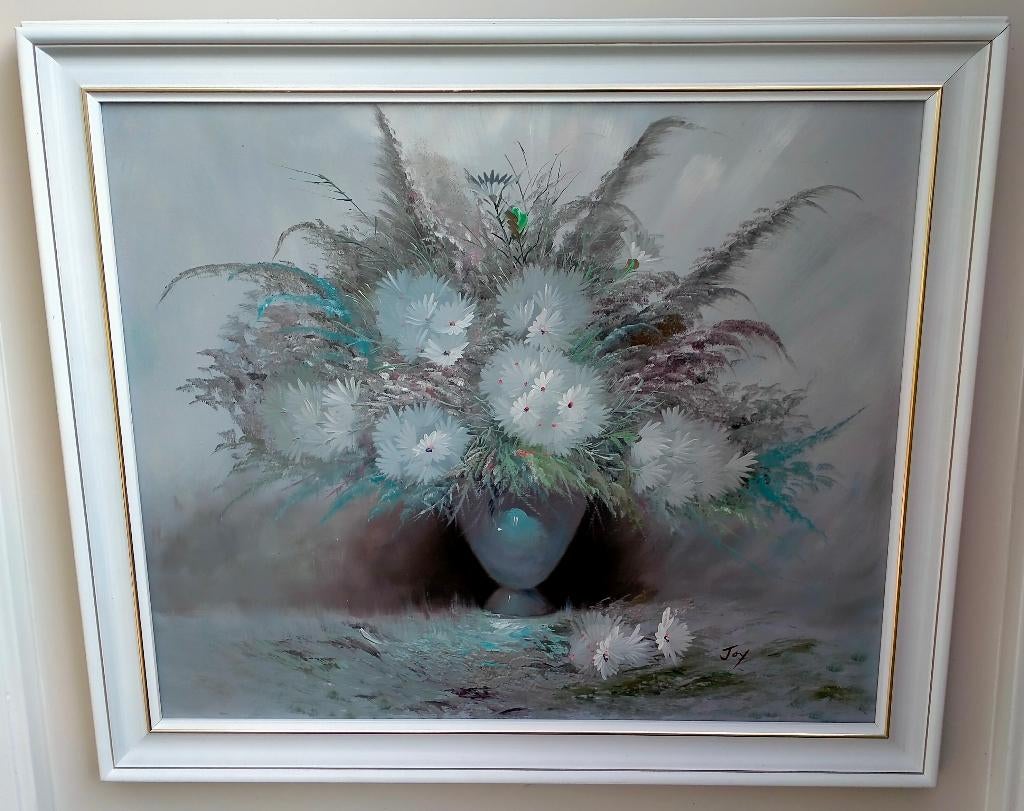 Olieverf Schilderij - Bloem Stilleven - Gesign - Witte Lijst, 50 tot 75 cm, Ophalen of Verzenden, Zo goed als nieuw, Schilderij