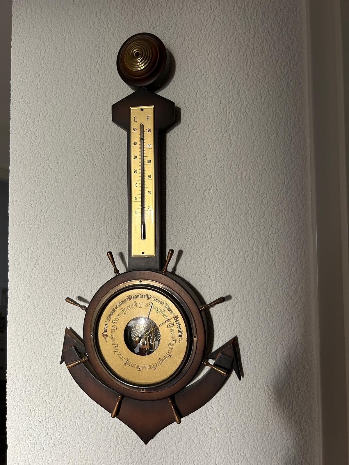 Vintage scheepsbarometer met thermometer en anker, Gebruikt, Ophalen of Verzenden, Bruin, Vintage