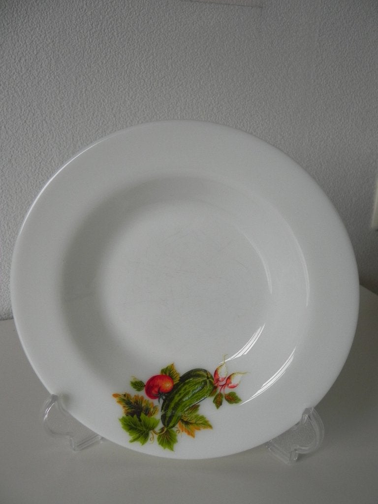 JAJ pyrex diepe borden met groentemotief - vintage, Huis en Inrichting, Keuken | Servies, Ophalen, Gebruikt, Glas, Bord(en)
