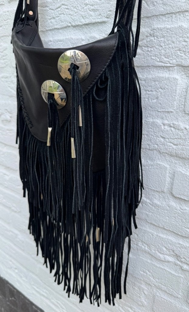 Zwarte leren tas met franjes (boho / western stijl), Verzenden, Nieuw, Zwart, Schoudertasje
