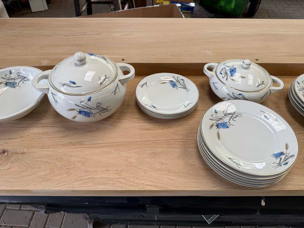Vintage Servies met Blauwe Bloemen en zilveren Rand, Huis en Inrichting, Keuken | Servies, Ophalen, Gebruikt, Overige stijlen