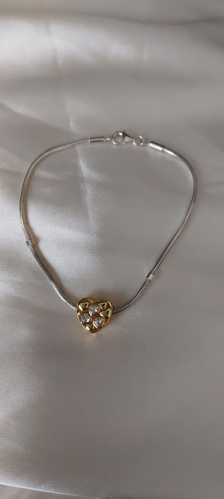 Zilveren armband met gouden hartje en strass - 20cm, Ophalen of Verzenden, Zo goed als nieuw, Zilver, Zilver