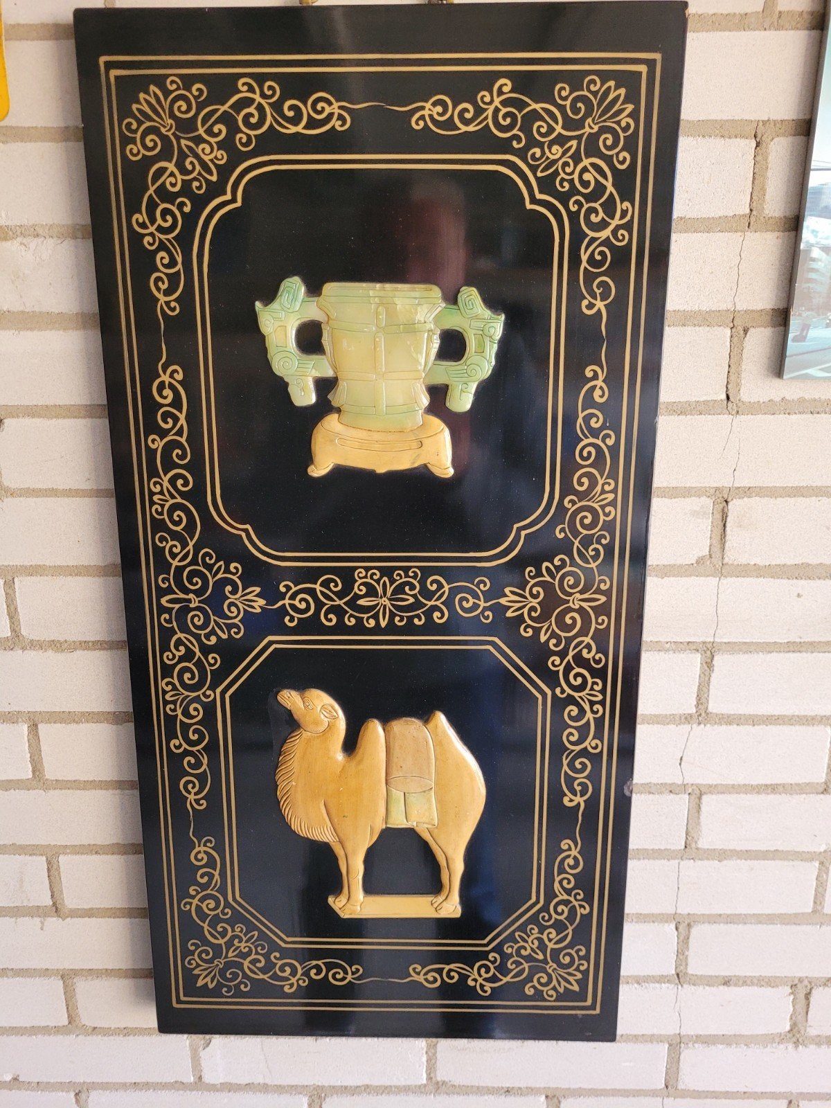 Decoratief paneel met kameel en vaas, Oosterse kunst, Hout, Wanddecoratie, Handgemaakt, Overige herkomsten