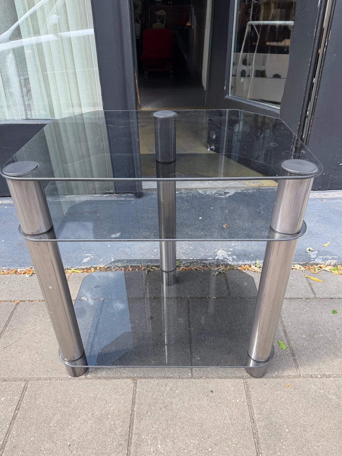 Vintage audiomeubel, jaren 80 rookglas bijzettafel, Ophalen, Gebruikt, 50 tot 100 cm, I
