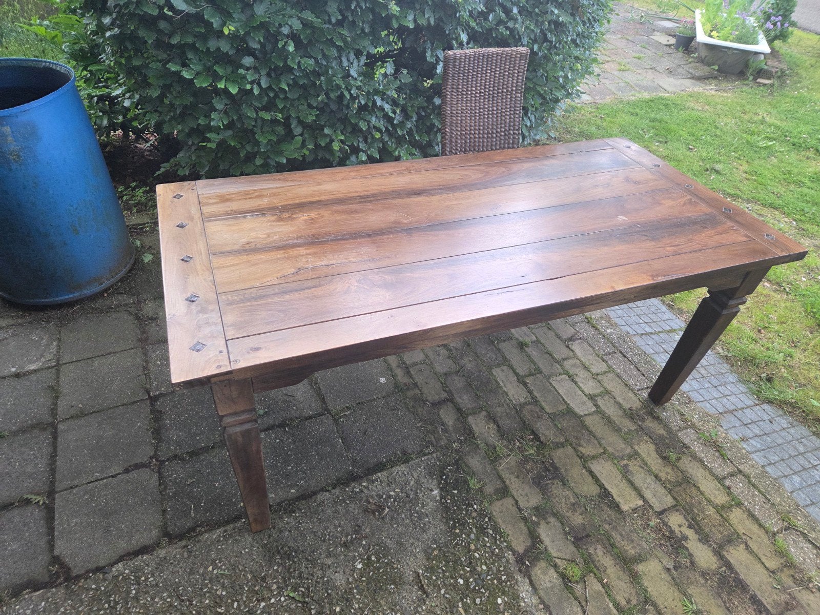Robuuste houten eettafel met 6 rieten stoelen, Ophalen, Gebruikt, 50 tot 100 cm, Overige houtsoorten