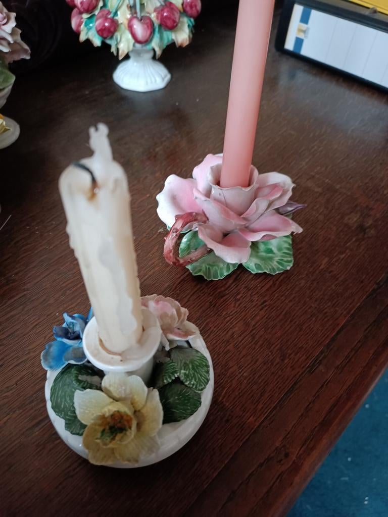 Set van 2 Vintage Keramieken Bloem Kandelaars, Ophalen of Verzenden