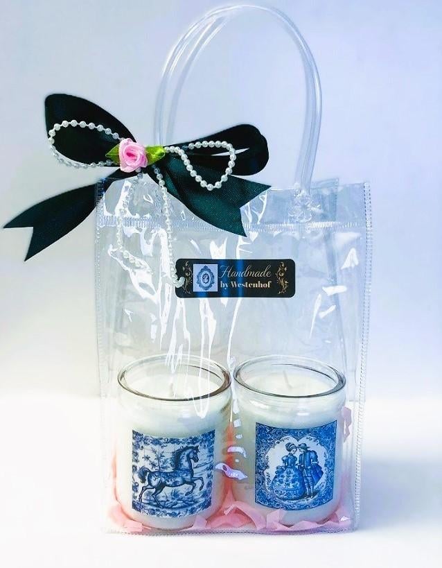 Giftset - kaarsen in glazen delfts blauw paard - man vrouw