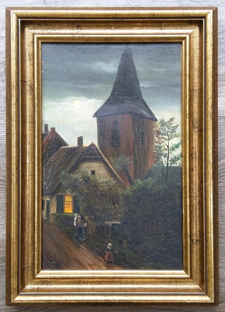 Jaar 1908 Schilderij Kerkdorp bij Maanlicht J. BARTELS, Antiek en Kunst, Ophalen of Verzenden