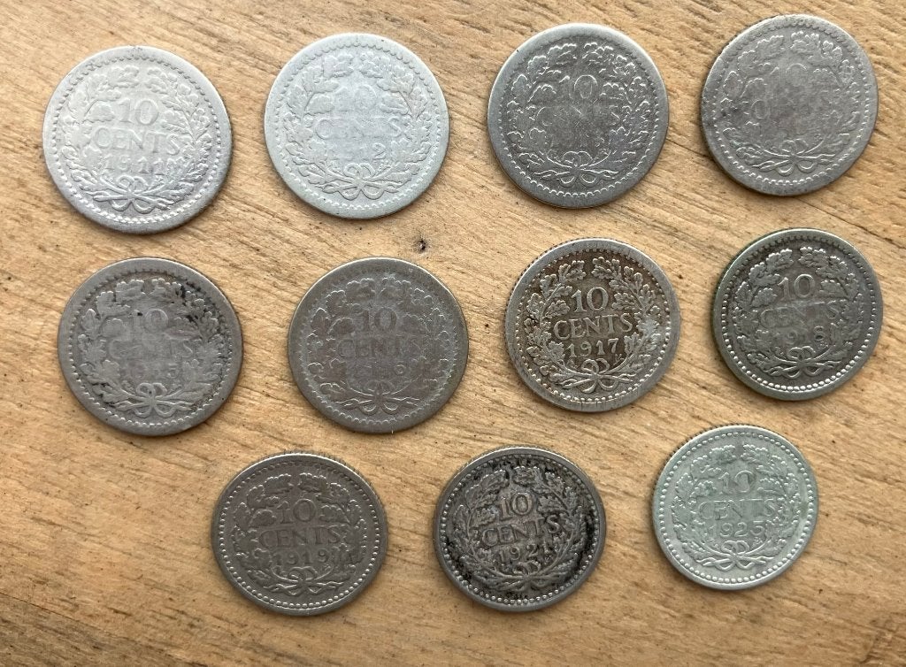 setje 10 cent Wilhelmina Hermelijnen Mantel, Postzegels en Munten, Ophalen, Setje, Zilver, 10 cent