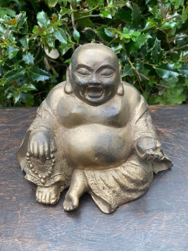 Bronzen Happy Boeddha beeld chroomgoud – Thailand – 14 cm, Ophalen of Verzenden, Zo goed als nieuw, Nvt, Nvt