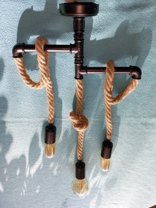 hanglamp touw met buizenframe industriël design, Ophalen of Verzenden, Zo goed als nieuw, Natuurlijk materiaal, Industrieel