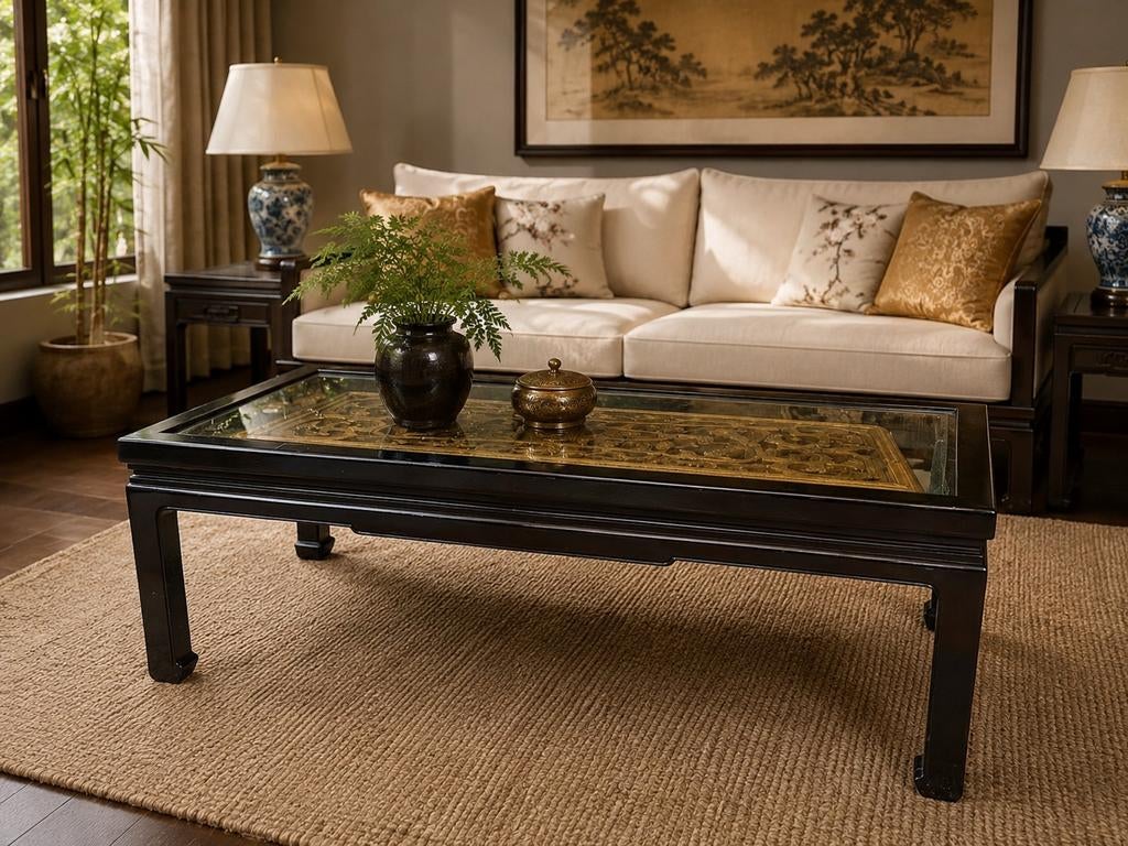 Chinese salon tafel met glazen blad en houtsnijwerk, Ophalen of Verzenden