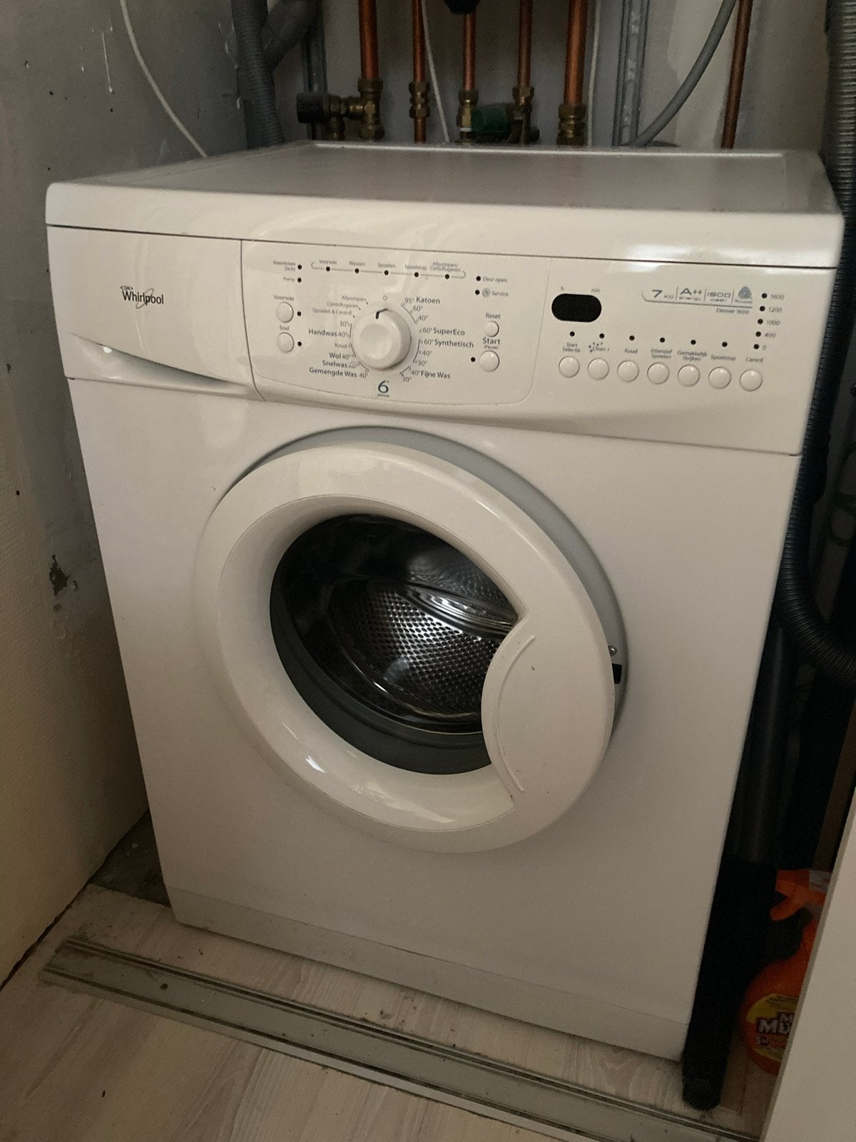 Whirlpool wasmachine 7kg, 1600 toeren, Ophalen, Gebruikt, 85 tot 90 cm, 1200 tot 1600 toeren