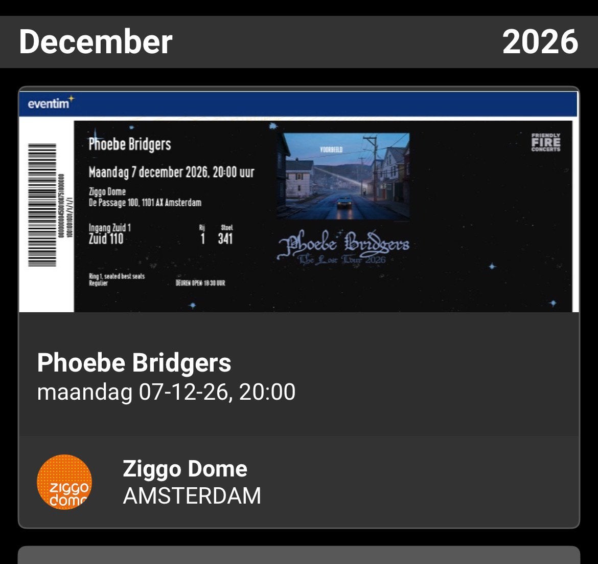 1x Phoebe Bridgers staanplaats ticket amsterdam 7-12-26, Tickets en Kaartjes, Eén persoon, September