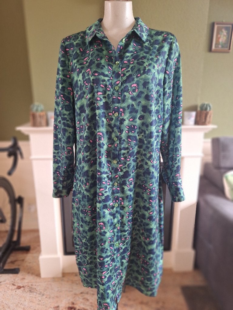 Terre Bleue groen blauwe panter print 42 blouse jurk, Kleding | Dames, Jurken, Maat 42/44 (L), Knielengte, Gedragen, Groen