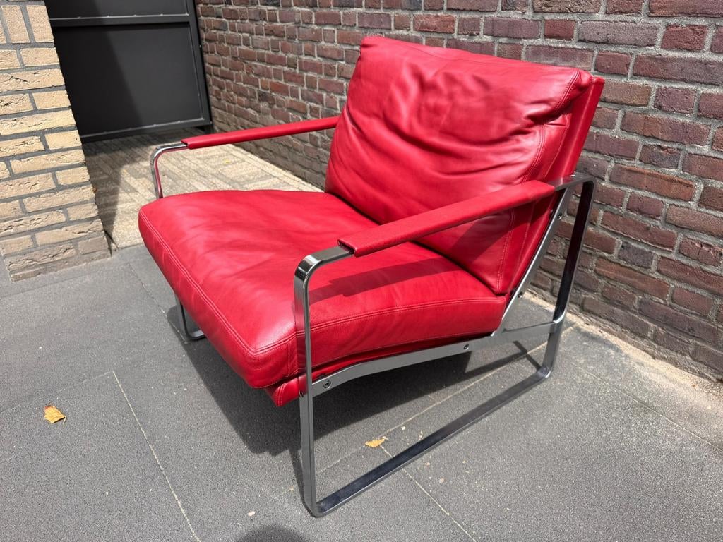 Design fauteuil Walter Knoll Fabricius – rood leer & chroom, Huis en Inrichting, Fauteuils, Ophalen, 75 tot 100 cm, Zo goed als nieuw