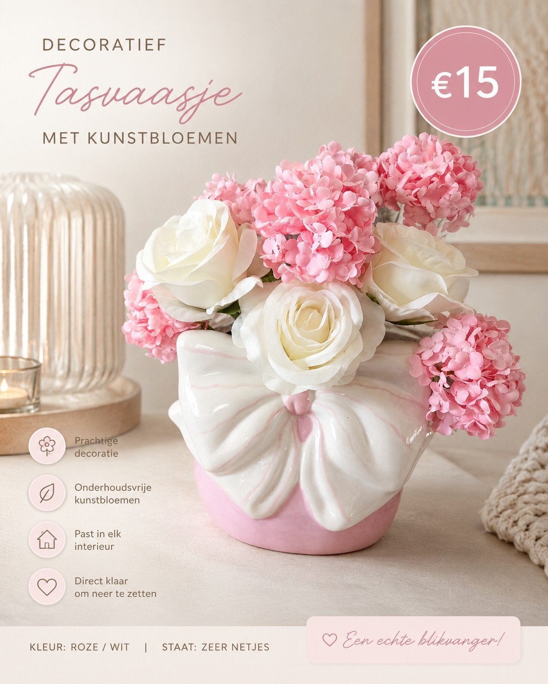Roze Tasvaasje met Kunstbloemen | Decoratie | €15, Ophalen of Verzenden, Nieuw, Roze