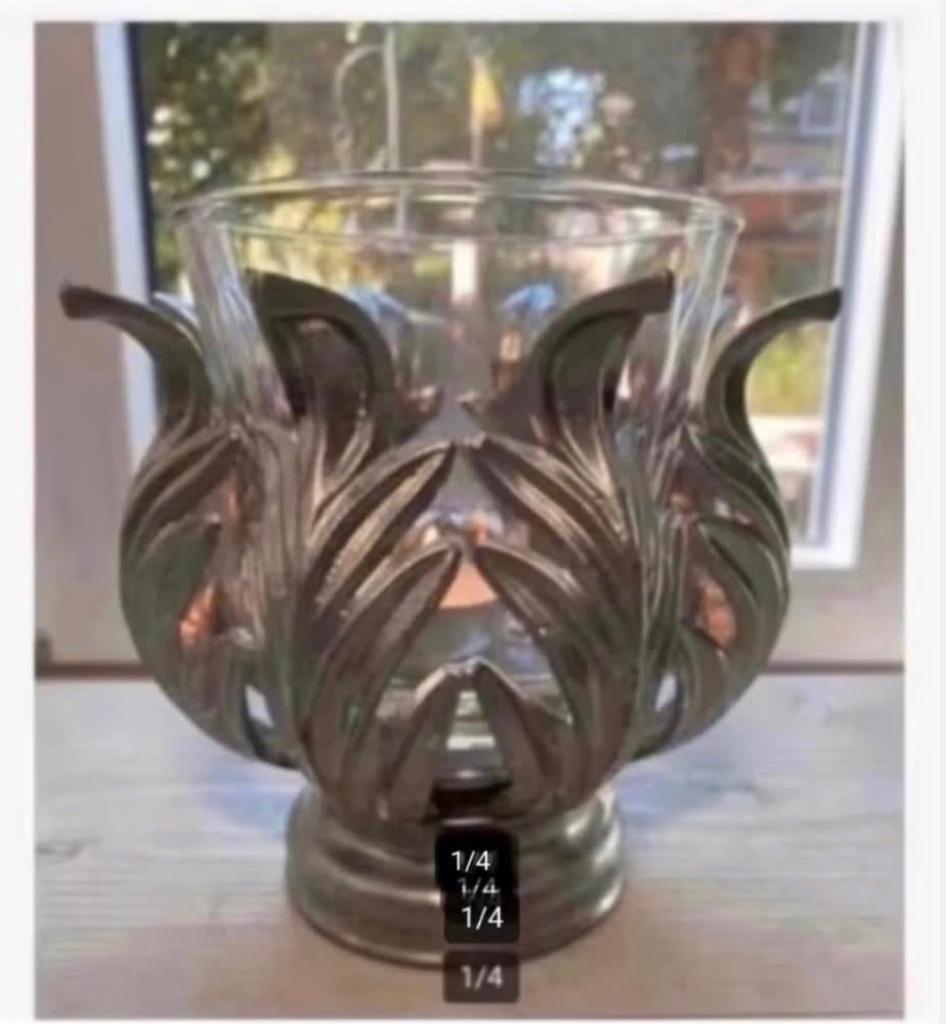 Metalen schaal zwaar, glazen vaas pot, waxine, plant, bonbon, Antiek en Kunst, Curiosa en Brocante, Ophalen of Verzenden