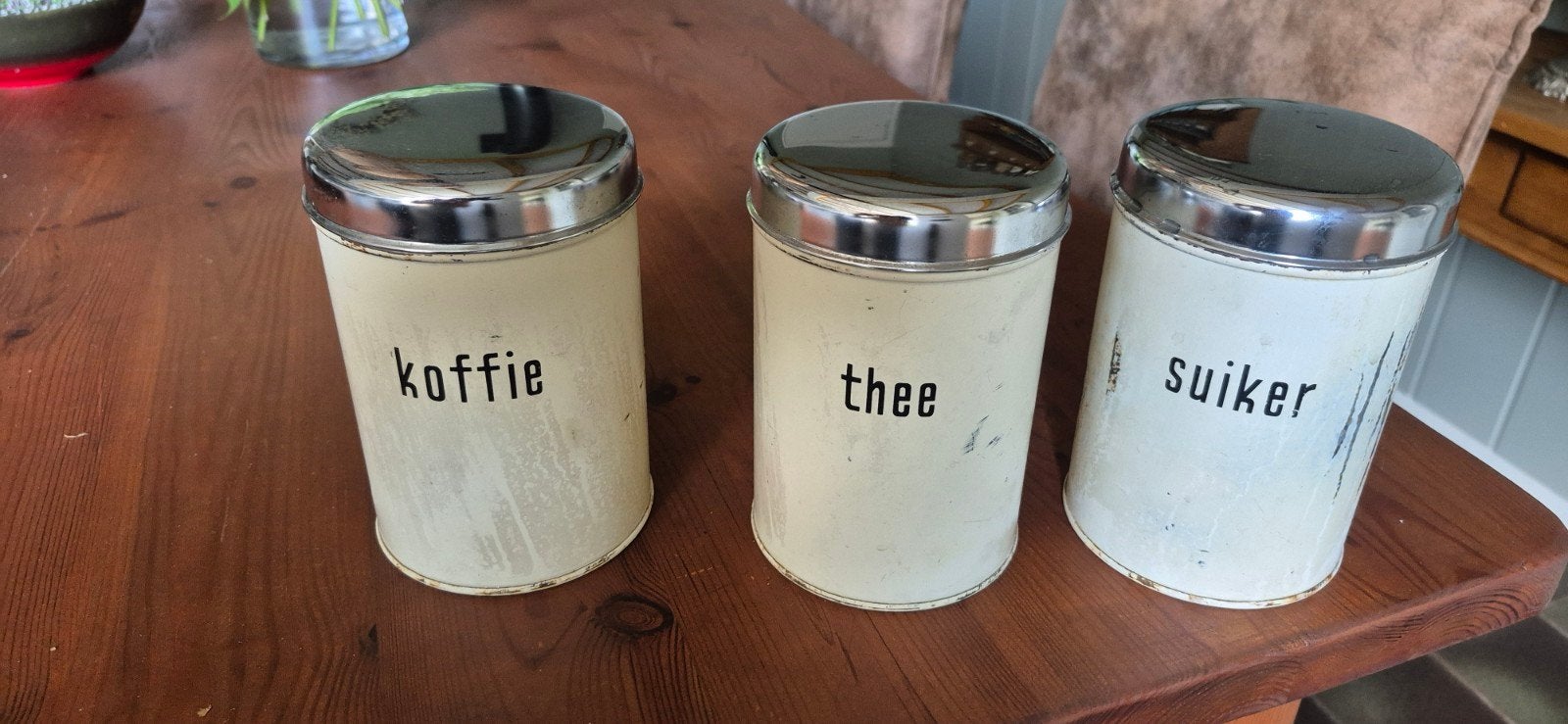Vintage voorraadblikken koffie, thee, suiker (set van 3), Ophalen