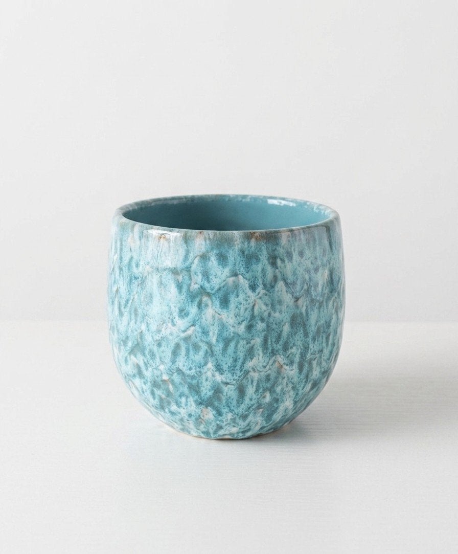 Turquoise bloempot pot H 16cm  x D 14cm, Ophalen, Rond, Zo goed als nieuw, Binnen
