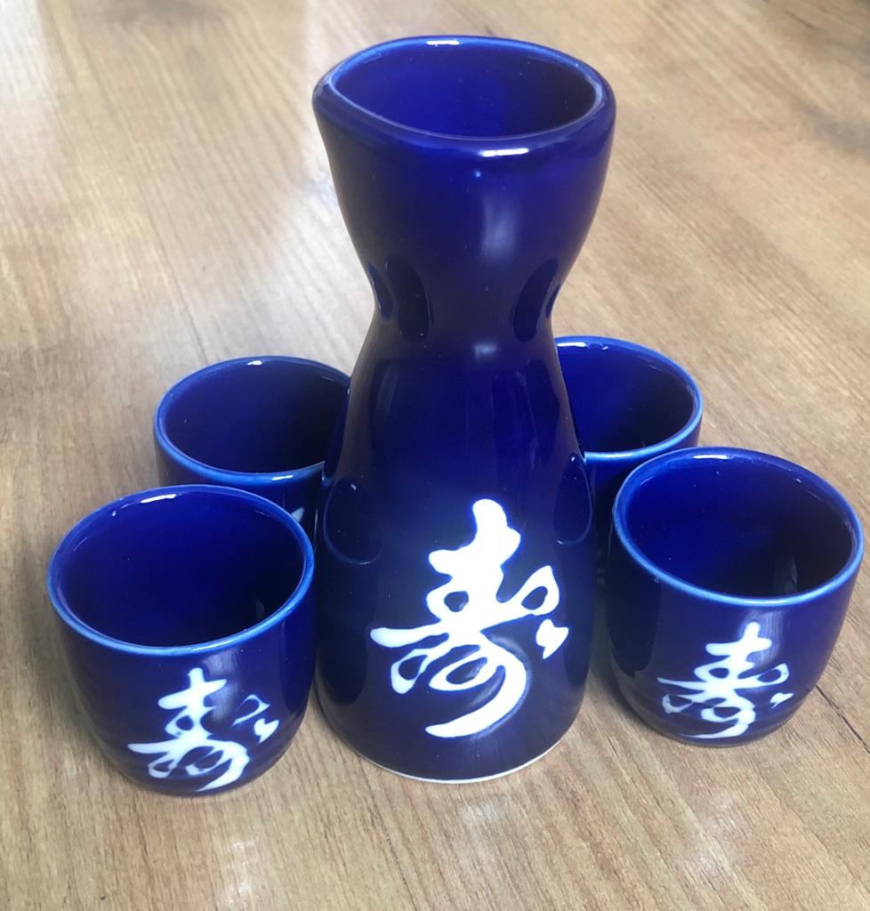 Kobaltblauw Sake Set - Karaf en 4 Kopjes Nieuw, Keramiek, Ophalen of Verzenden, Zo goed als nieuw, Overige stijlen