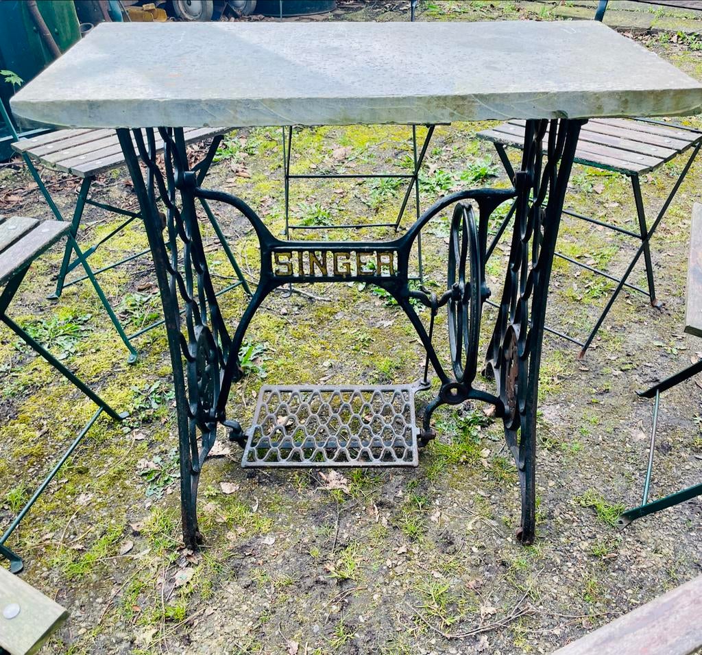 Antieke Singer Naaimachine Tuintafel met Belgisch Hardsteen, Ophalen, Overige materialen, Gebruikt, Eettafel