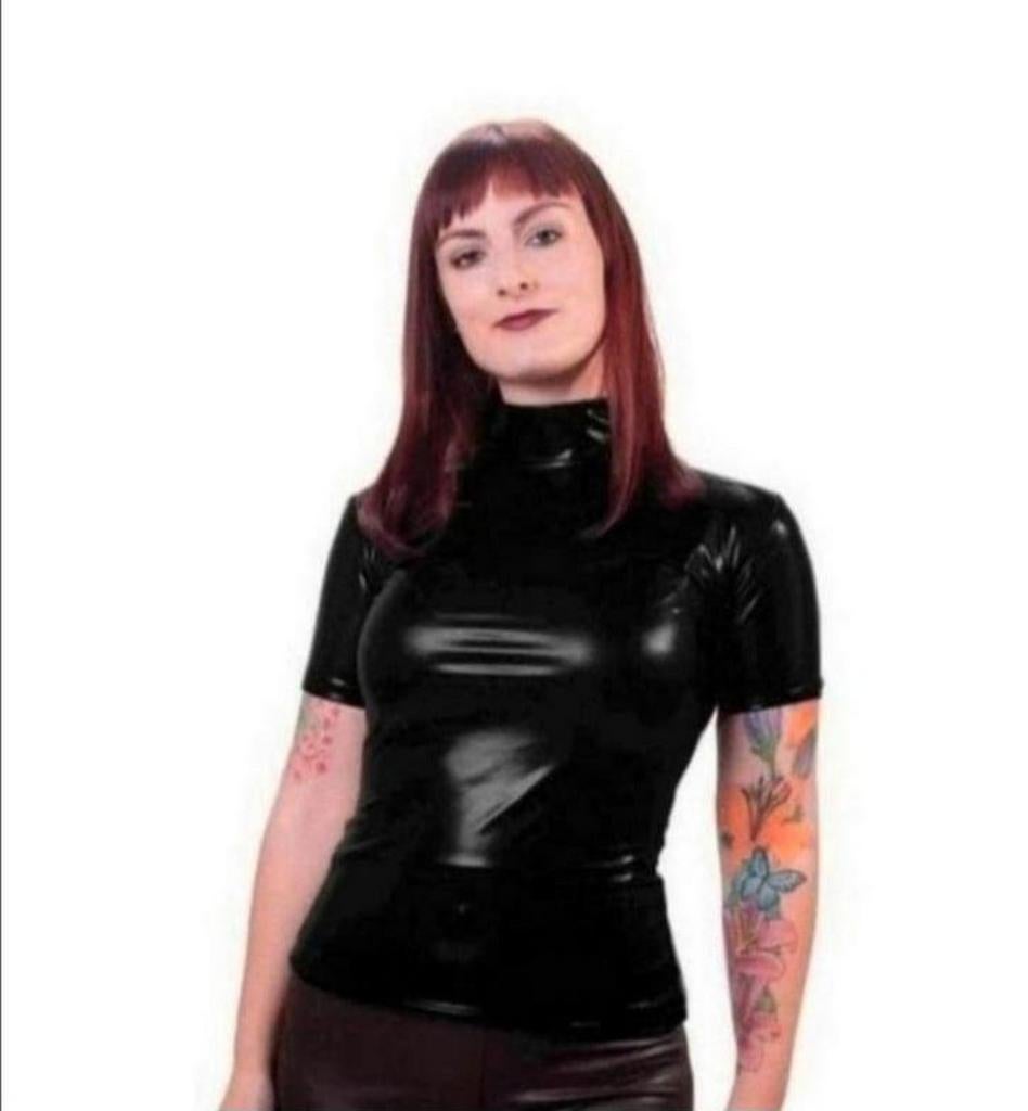 Mooie leerlook top met hoge hals, tm 7XL, Verzenden, Nieuw, Zwart, Korte mouw