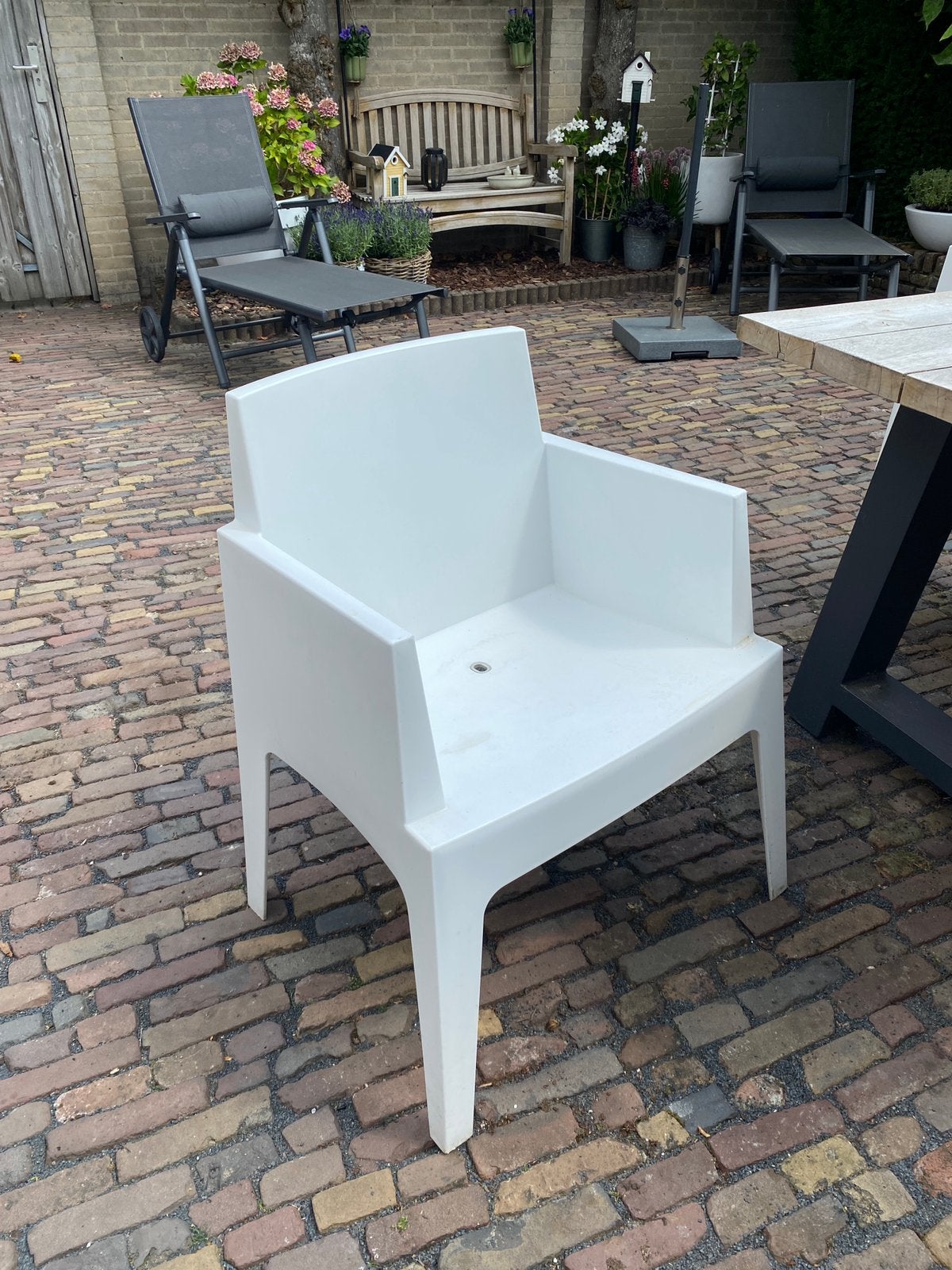 6 kunststof Box tuinstoelen wit | stapelbaar, Tuin en Terras, Tuinstoelen, Ophalen, Gebruikt, Kunststof, Stapelbaar