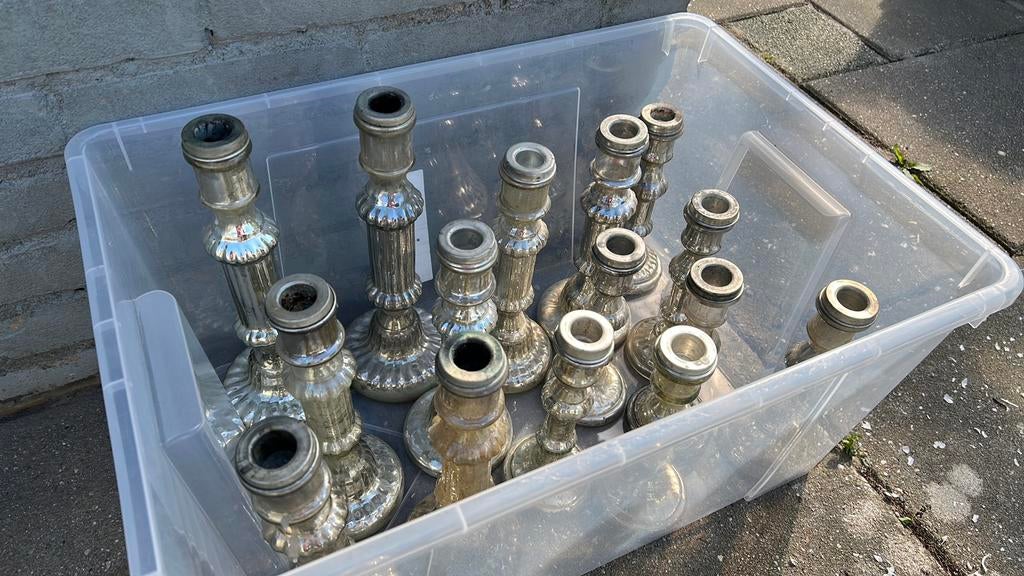 Partij gebruikte glazen kandelaren, Ophalen, Overige materialen, Gebruikt, 25 tot 50 cm