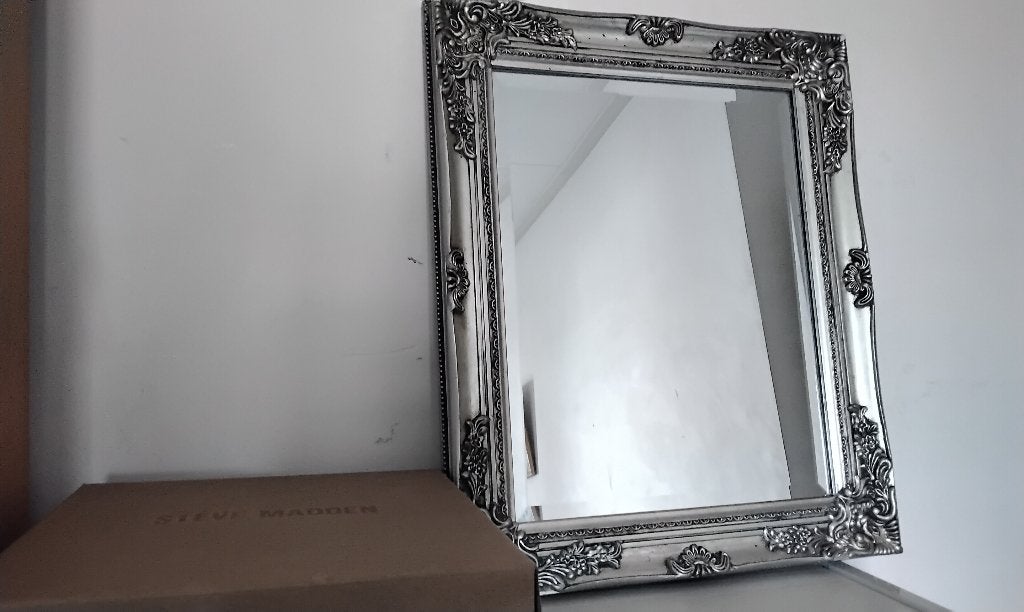 Luxe Barok Spiegel Zilverkleur Zwaar Hout Gips 50x60cm, Ophalen, Gebruikt, Minder dan 100 cm, Rechthoekig