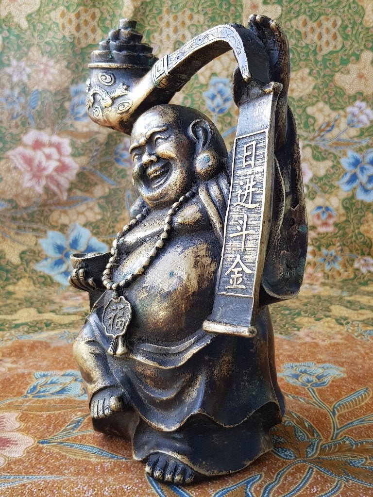 Mooi zwaar antiek Chinees brons beeld van Boeddha 22,3 cm., Ophalen of Verzenden, China, Handgemaakt, Brons