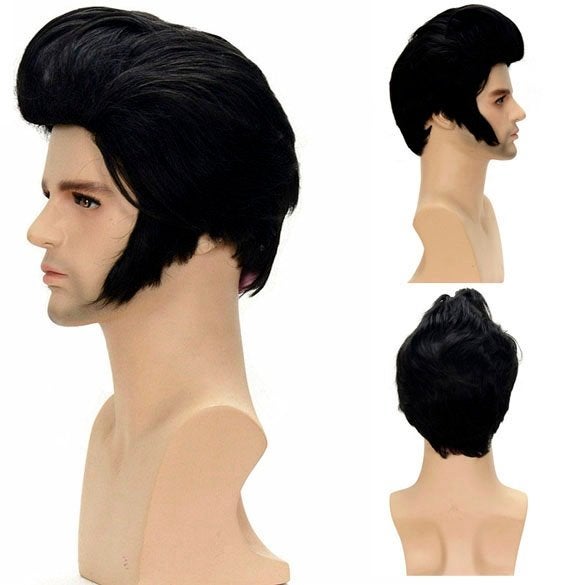 Elvis pruik zwart haar met kuif en bakkebaarden, Verzenden, Nieuw, Pruik of Haarverlenging