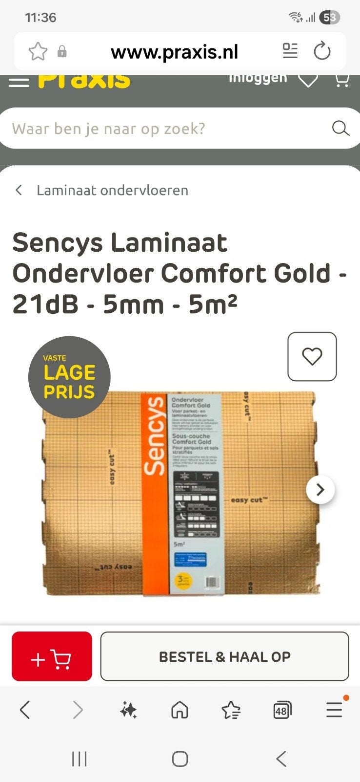 Sencys Laminaat Ondervloer Comfort Gold - 21dB - 5mm - 5m², Ophalen, Overige materialen, 30 cm of meer, 50 tot 150 cm