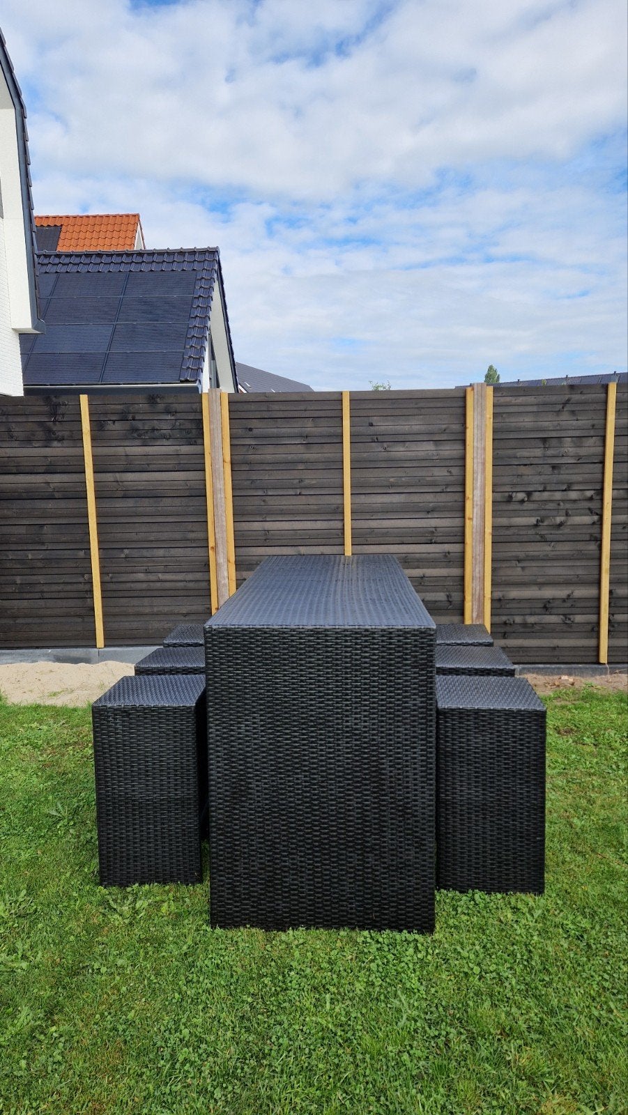 Hoge terrastafel met 6 krukken, Ophalen, Kunststof, Gebruikt, Eettafel