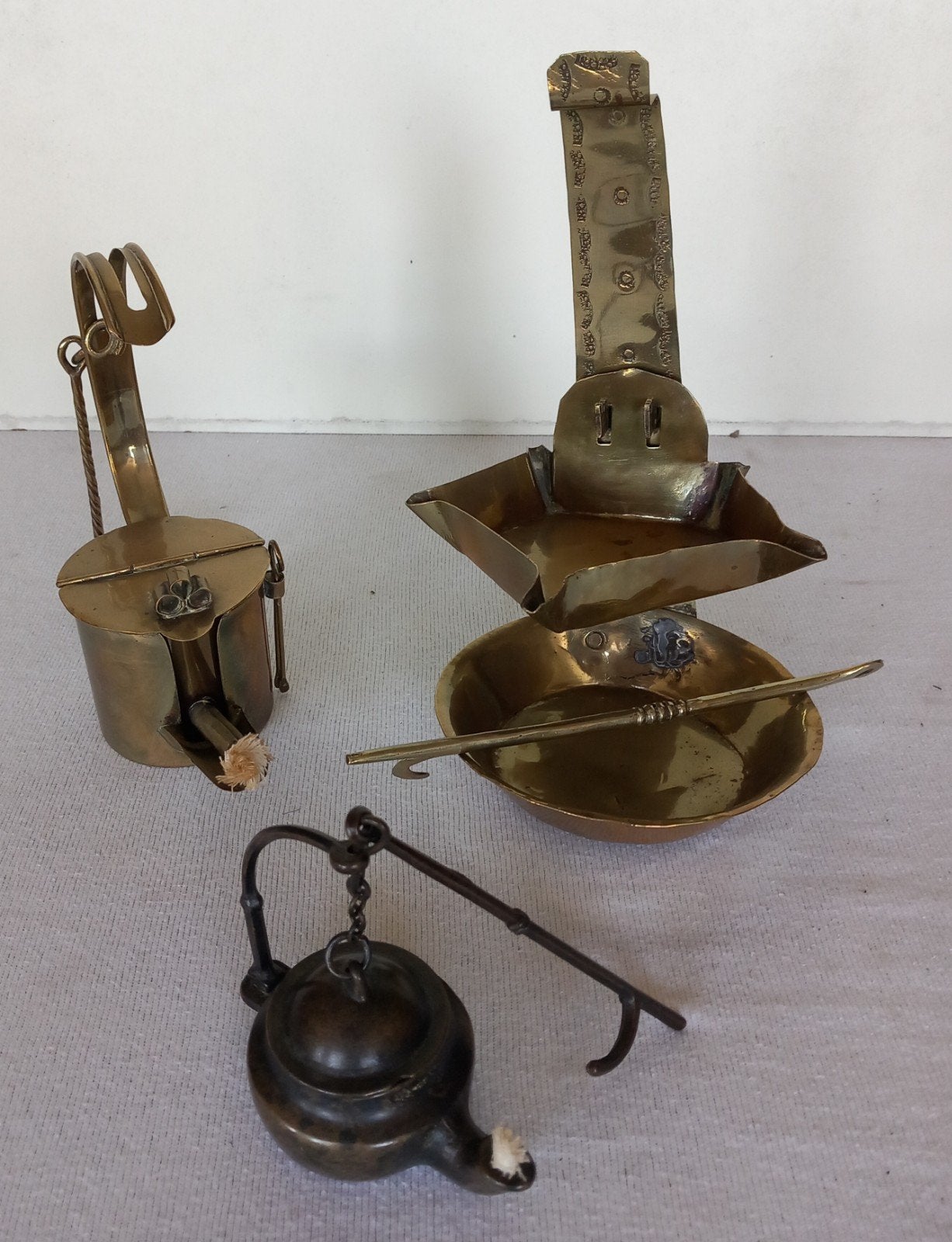 Set van 3 Antieke Koperen mijnwerkers olielampjes, Antiek en Kunst, Ophalen of Verzenden