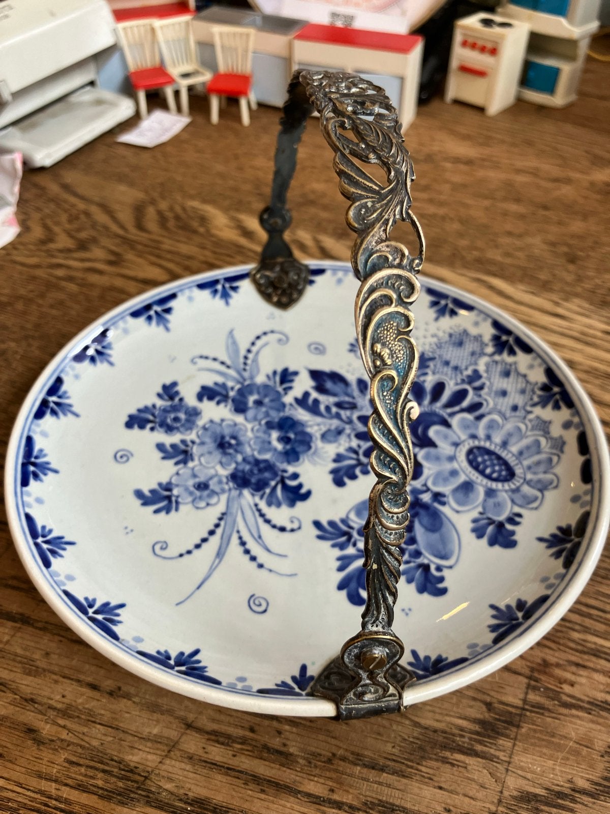 Antieke Delfts Blauw Schoonhoven schaal met metalen hengsel, Ophalen of Verzenden
